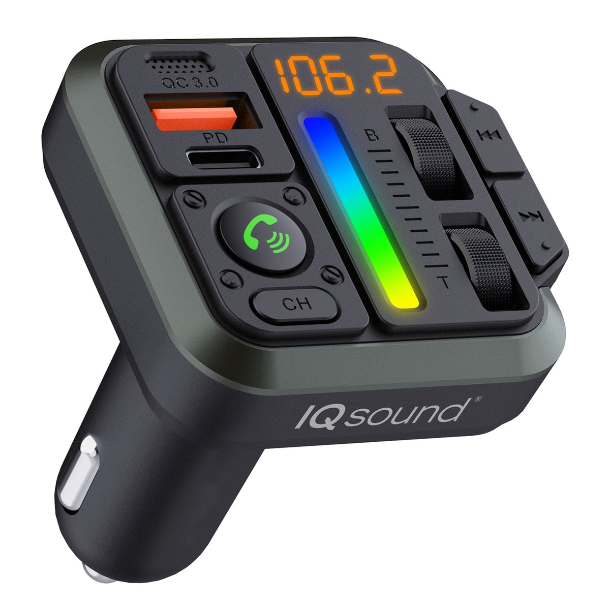 IQ Sound IQ-311BT 2-in-1 Bluetooth FM Transmitter and Dual USB-C Car Charger with Bass/Treble Control and Remote