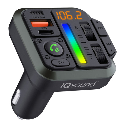 IQ Sound IQ-311BT 2-in-1 Bluetooth FM Transmitter and Dual USB-C Car Charger with Bass/Treble Control and Remote